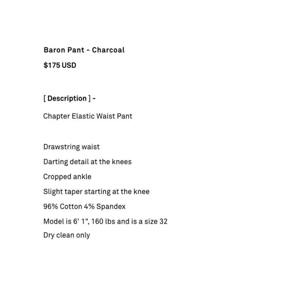 Ch. Chapter Baron Pant in Charcoal - sz 31